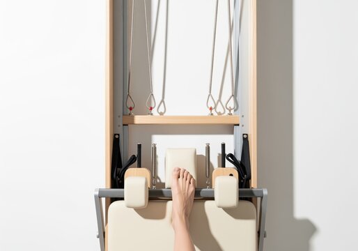 Bare foot on pilates reformer machine for fitness and exercise - Powered by Adobe