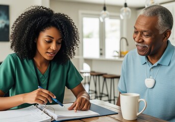 Compassionate home healthcare worker assists senior man with documents