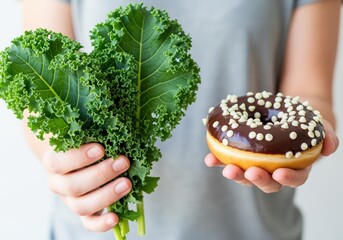 Person hands offering a choice between fresh green kale and a chocolate donut