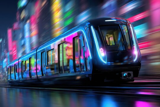A futuristic train with neon accents travels through a smart city, reflecting colorful lights off metallic surfaces, embodying a lively and advanced technological mood