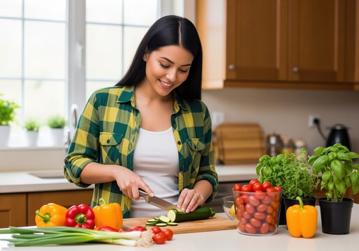 Smiling young woman happily slicing fresh zucchini for a healthy meal - Powered by Adobe