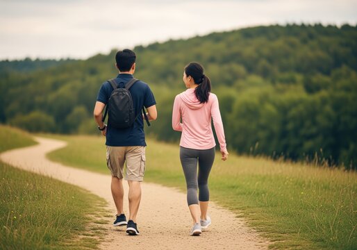 Active asian couple enjoying a brisk walk on a natural outdoor path