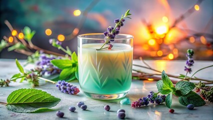 Layered herbal beverage with lavender garnish and berries on a table with soft lighting