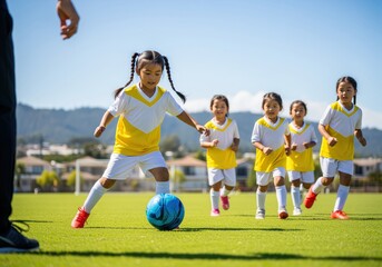 Enthusiastic young girls dribbling soccer ball on a sunny green field