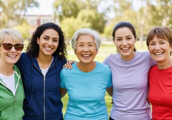Five happy diverse women of different generations smiling and embracing