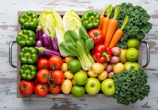 Vibrant assortment of fresh organic fruits and vegetables in wooden crate