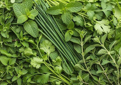 Vibrant assortment of fresh green herbs including mint chives cilantro and oregano - Powered by Adobe