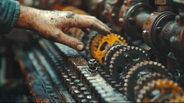 Close-up of a mechanic's hands working on gears
