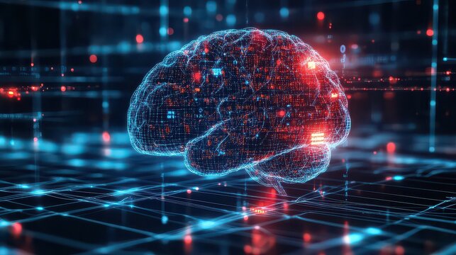 Digital brain illustration with glowing nodes and connections on a grid network - Powered by Adobe