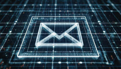 Digital Mail: A glowing digital representation of an email envelope, conveying the essence of online communication, illuminated within a grid of intricate connections and pathways.