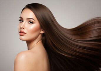 Beautiful young woman with long, shiny, healthy brown hair flowing