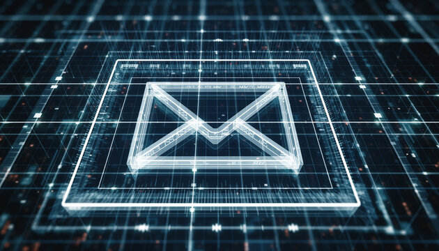 Digital Mail: A glowing digital representation of an email envelope, conveying the essence of online communication, illuminated within a grid of intricate connections and pathways.