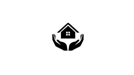 Naklejka premium Home protection icon with caring hands holding a house, symbolizing real estate security, housing support, shelter, and property care.