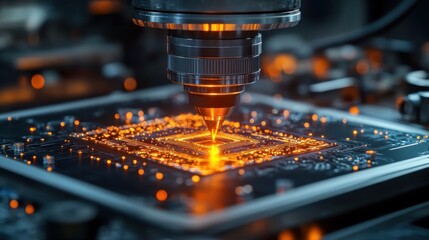 Close-up of a precision machine head soldering a glowing orange microchip onto a circuit board, sparks and molten points creating an intense high-tech atmosphere