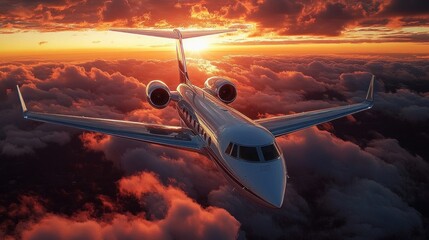 Private jet cruising above dense sunset clouds with glowing horizon, sleek fuselage and twin engines reflecting golden light, dramatic and serene atmosphere