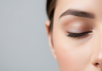 Close up of a young woman closed eye with long eyelashes and natural eyebrow
