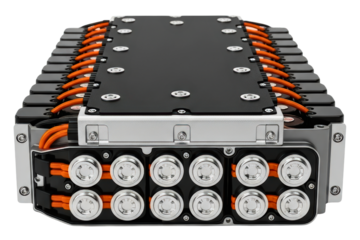High-voltage electric vehicle battery pack with orange cables on a transparent background