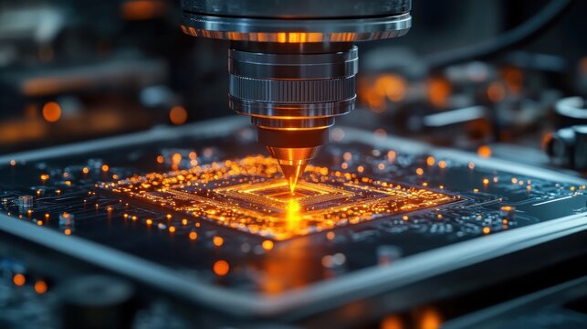 Close-up of a precision machine head soldering a glowing orange microchip onto a circuit board, sparks and molten points creating an intense high-tech atmosphere