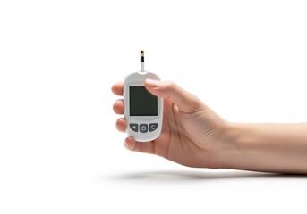 Hand holding a modern glucose meter and test strip for daily blood sugar testing