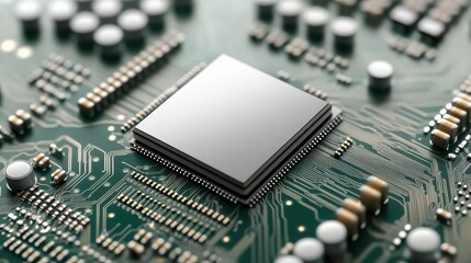 Computer chip on a circuit board showing technology and complex data processing