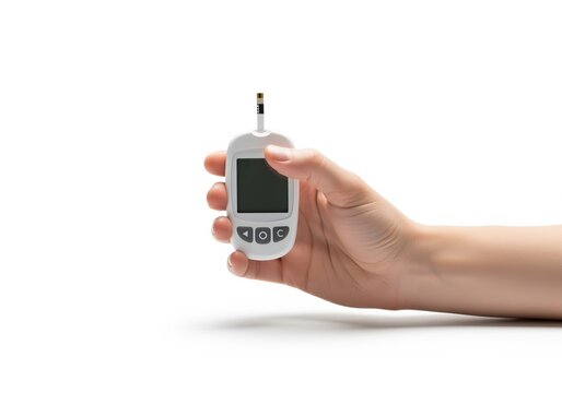 Hand holding a modern glucose meter and test strip for daily blood sugar testing