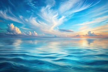 Fototapeta premium Serene Ocean Vista Tranquil Waters Reflecting a Breathtaking Sunset Sky with Soft, Wispy Clouds