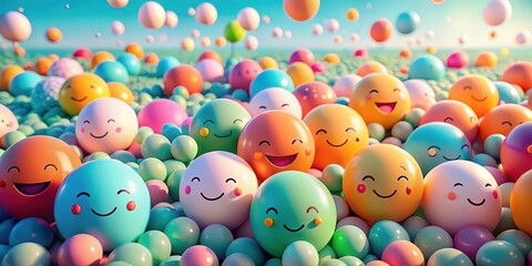 Joyful pastel spheres with smiling faces, a delightful collection of happy colorful orbs in a cheerful landscape, conveying positive emotions and playful energy.