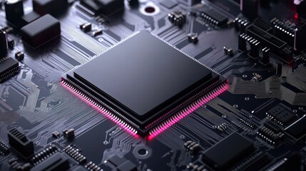 Close up of a modern computer processor on a circuit board with pink lighting