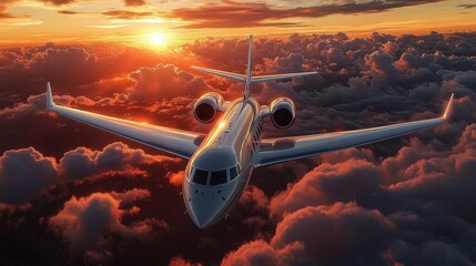 Sleek private jet flying above glowing sunset clouds with dramatic golden-orange sky and reflective fuselage, serene and majestic atmosphere