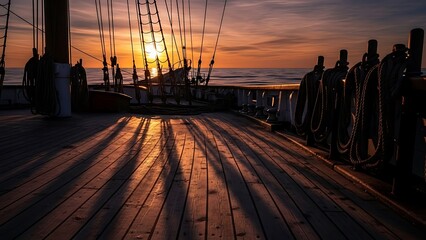 Warm sunset casts long shadows across the wooden deck of a historic sailing ship, creating a dramatic and serene maritime scene