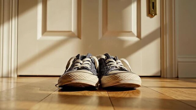 Worn Canvas Shoes Resting in Sunlight by the Front Door