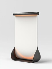 Minimalist modern vertical paper roll dispenser with matte black curved base, cylindrical top bar and warm orange underlighting conveying calm elegant simplicity