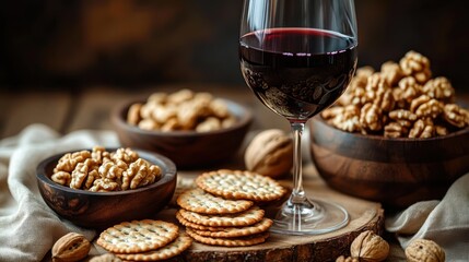 Cozy rustic still life with a glass of red wine, stacks of crackers and bowls of walnuts on a wooden slice, warm inviting mood