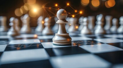 white chess pawn on glossy checkered board with blurred pawns, warm bokeh lights and glowing network nodes conveying strategic focus and quiet determination