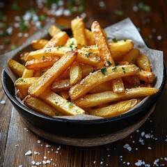 Mouthwatering golden crispy fries in a black bowl on parchment paper garnished with coarse sea salt and chopped parsley on a rustic wooden table