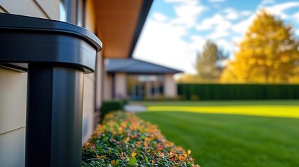 close-up of dark rain gutter downspout by house siding with colorful hedge, manicured lawn and sunlit tree with golden autumn leaves under blue sky, serene suburban scene