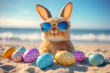fluffy bunny wearing colorful sunglasses on a sunny beach surrounded by decorated pastel easter eggs, playful and relaxed