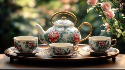 elegant floral porcelain tea set with gold accents on a wooden serving tray, three matching teacups and saucers in a sunlit blooming garden, serene and refined mood