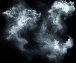 ethereal white smoke plumes and wispy tendrils drifting against a deep black background, creating a mysterious and haunting atmosphere