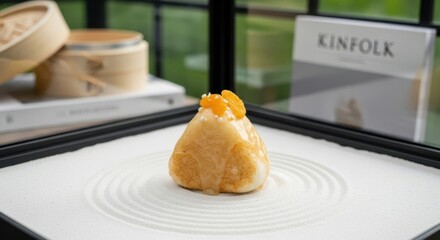 Japaneese cheesecake A delicate mochi dessert adorned with vibrant orange zest, resting gracefully on a pristine white sand surface.