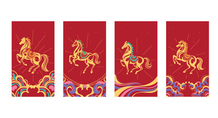 Golden Chinese horse illustration set on a vibrant red background featuring festive flat style details ideal for Lunar New Year themes celebration posters cards branding use todays