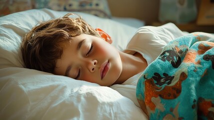 person lying on bed under colorful animal print blanket with sunlight on hair, peaceful morning rest and cozy relaxed mood