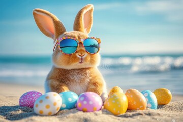 playful bunny with upright ears and front paws among colorful decorated eggs on a sunny sandy beach by the ocean