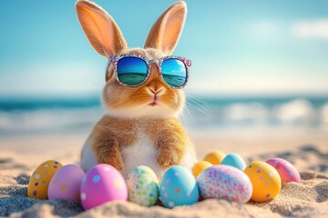 cute brown bunny wearing floral sunglasses on sunny beach surrounded by colorful painted eggs, playful and relaxed