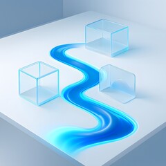 Abstract blue liquid flowing through geometric shapes on white surface