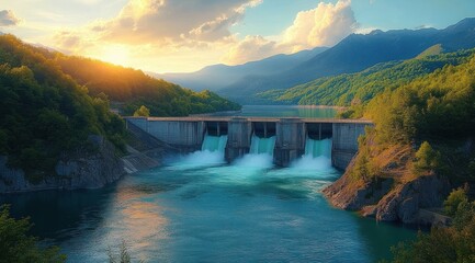 Concrete dam spilling turquoise water into a river in a lush green mountain valley under golden sunset skies, peaceful and majestic scene