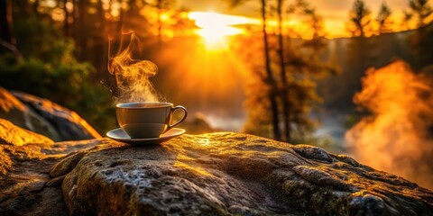 A steaming cup of warm beverage sits atop a sun-kissed rock, overlooking a tranquil, misty forest bathed in the golden glow of sunrise.