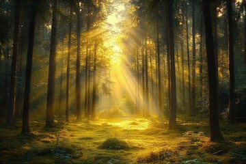 Obraz premium Sunlight streaming through tall trees illuminating a serene forest floor covered in moss and soft vegetation, creating a peaceful and warm atmosphere