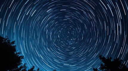 Circular star trails in the night sky with trees silhouetted below the stars