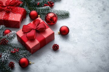 Fototapeta premium Festive holiday scene with red gift boxes wrapped with ribbons, red Christmas baubles, pinecones, and snow-dusted evergreen branches on a gray textured surface